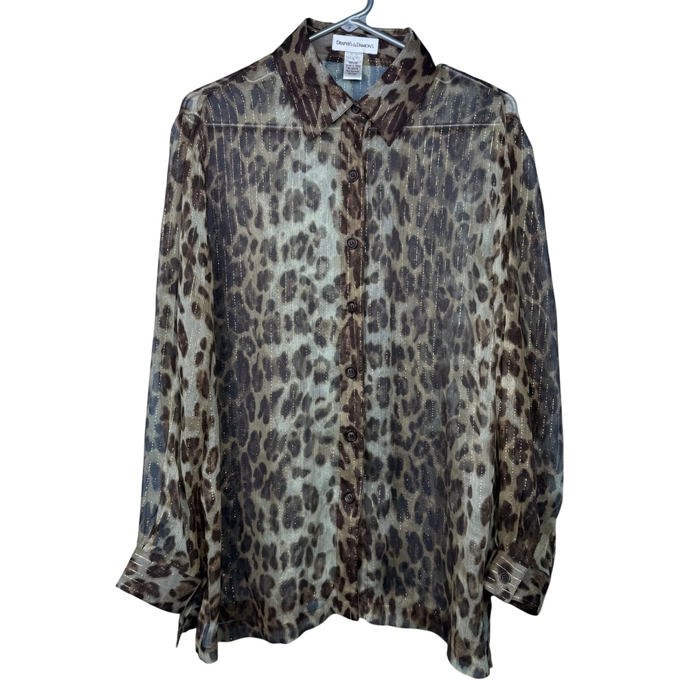 VTG Drapers & Damons Silk Leopard Print Gold Metallic Button Down Blouse L